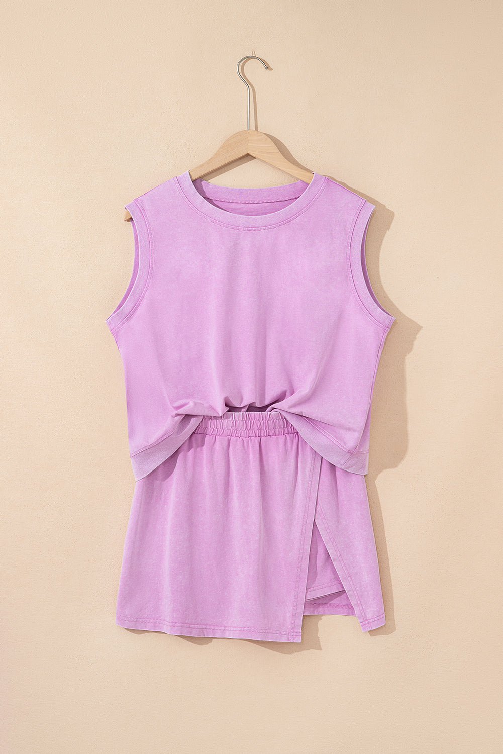 Aria 2 Pieces Mineral Wash Cotton Tank Top Lined Split Skirt Set Threaded Pear