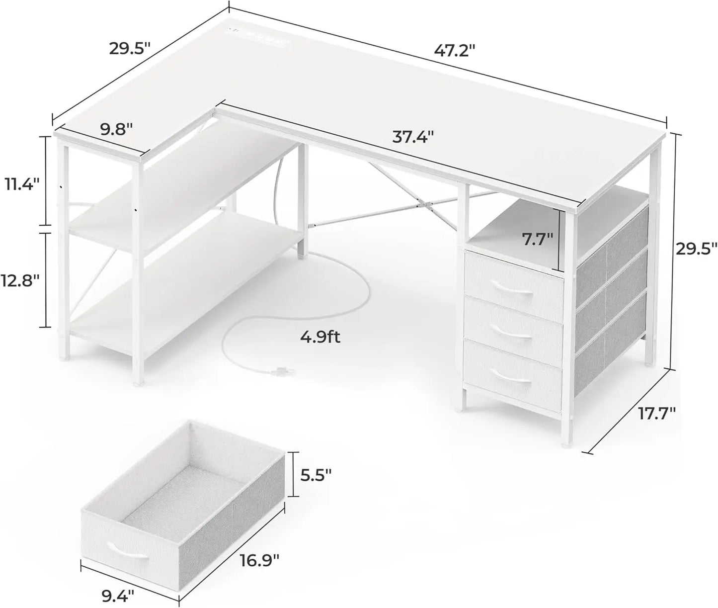 47 Inch L Shaped Desk With Power Outlets For Home Office ShipItFurniture