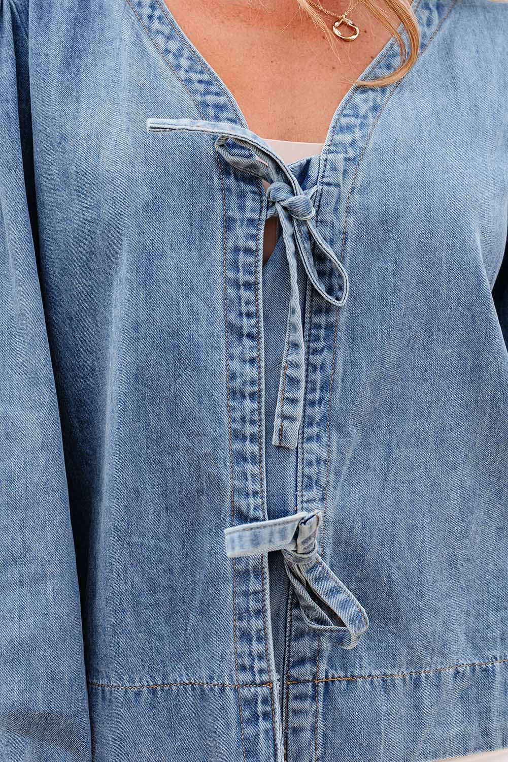 Oakley Tied Front Long Puff Sleeve Denim Top Threaded Pear