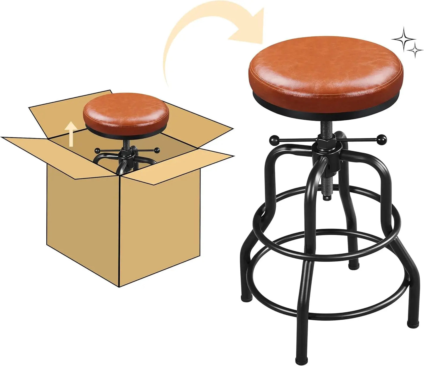 Industrial Bar Stools Vintage Counter Height Bar Stool with round Faux Leather Seat Metal Stool Adjustable Kitchen Stool 21.5-28 Inch Tall Light Brown, 1PCS ShipItFurniture