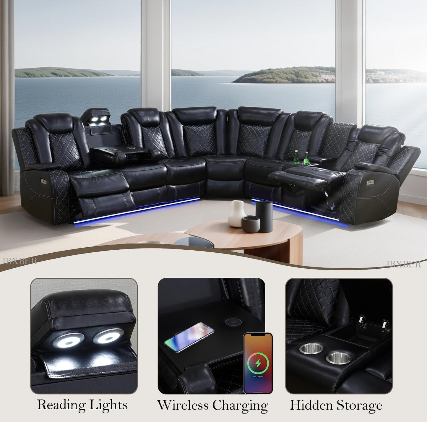 Power Recliner Sectional Sofa Set, Leather Sectional Sofa Sets for Living Room, Power Reclining Sectional Couch with Led Lights, Cup Holder, Wireless Charging, Hidden Storage, Black