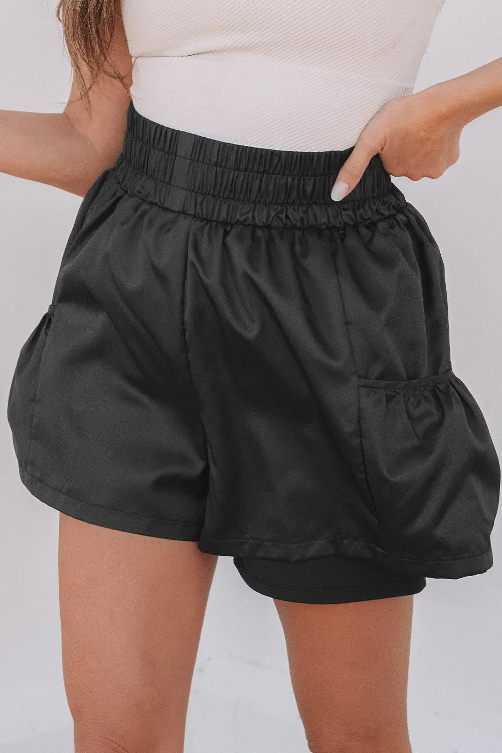 Maxine Elastic High Waist Pocketed Casual Shorts Threaded Pear