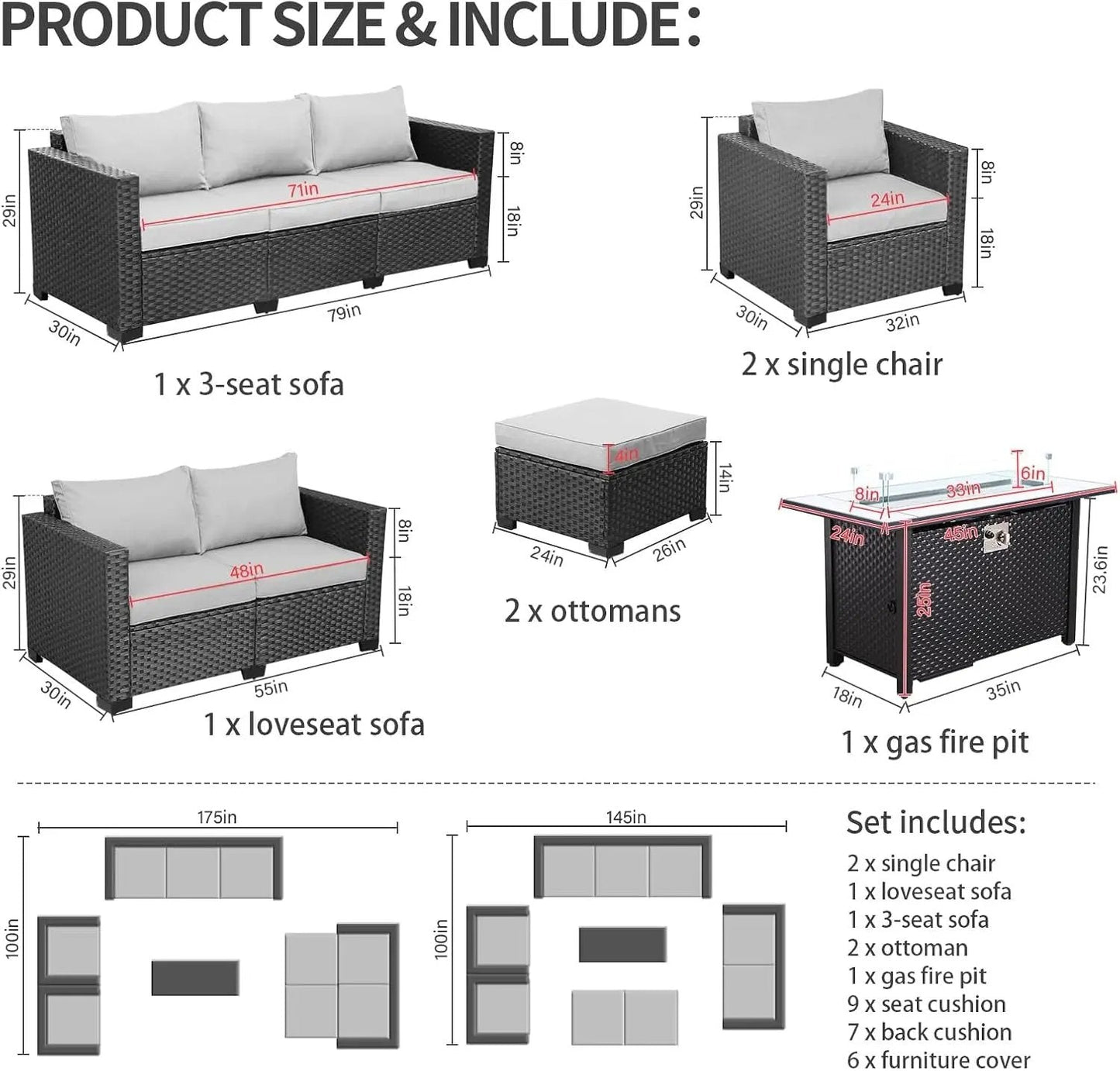 7 PCS Outdoor Furniture Sets 60000BTU 45-Inch Outdoor Propane Fire Pit Table Patio Furniture Set No-Slip Cushions and Waterproof Covers, Light Grey - Get it from Bo