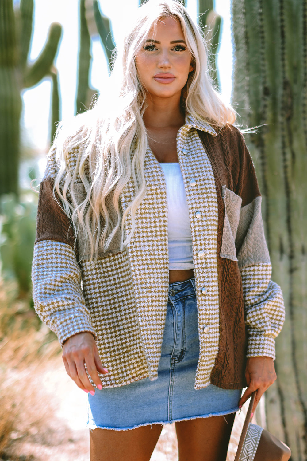 Luna Houndstooth Loose Shacket Threaded Pear