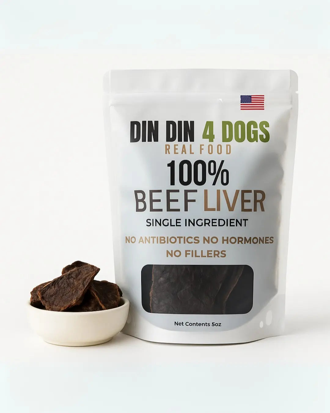 100% Beef Liver Dog Treats, 5 Ounce Bag, Single Ingredient, High Protein Din Din 4 Dogs