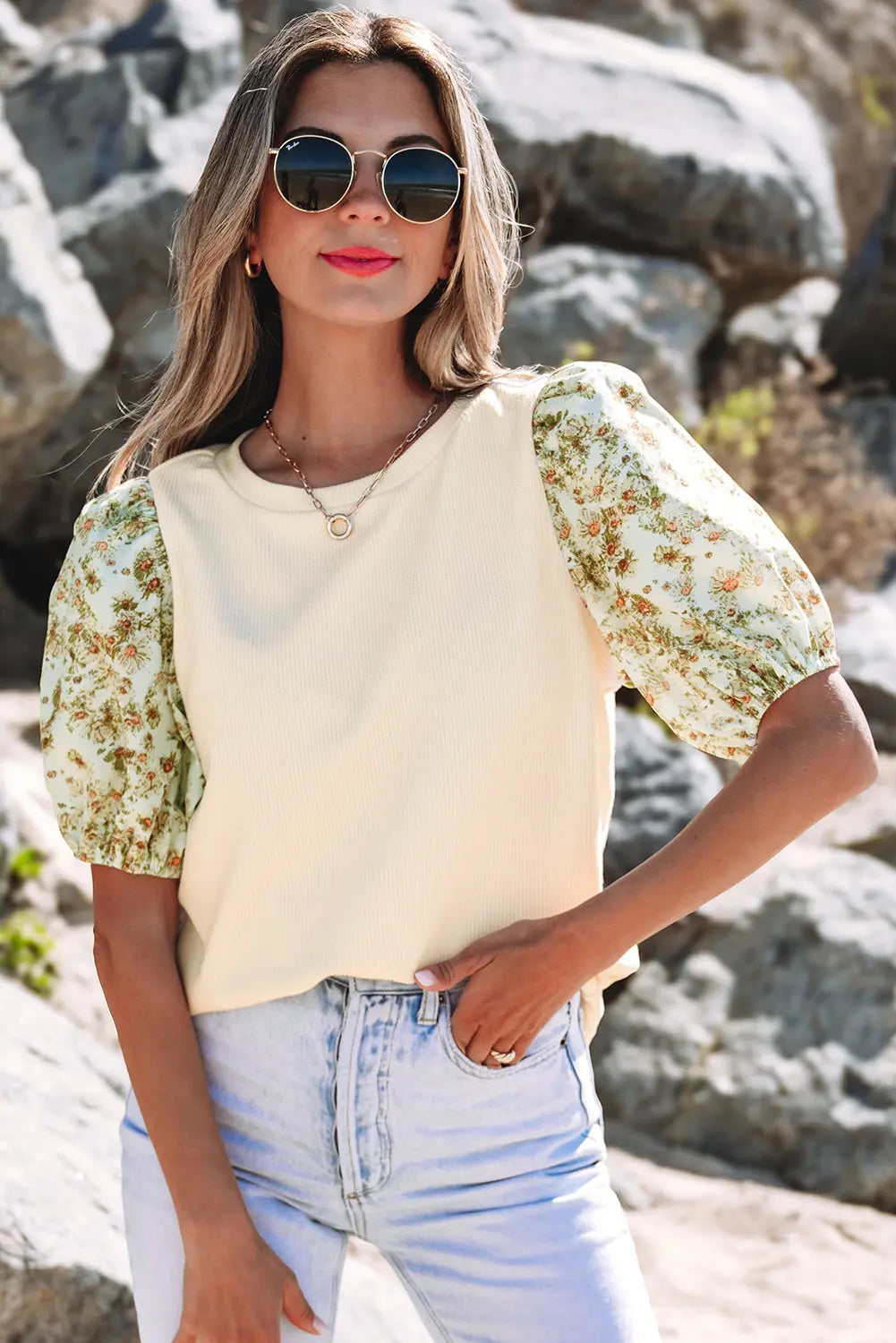 Rayne Floral Bubble Sleeve Patchwork Ribbed Top Threaded Pear