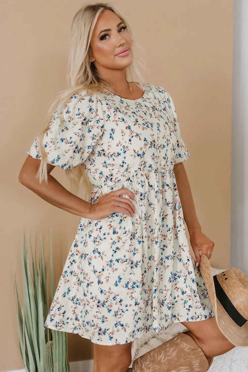 Kimber Floral Puff Short Sleeve Dress Threaded Pear