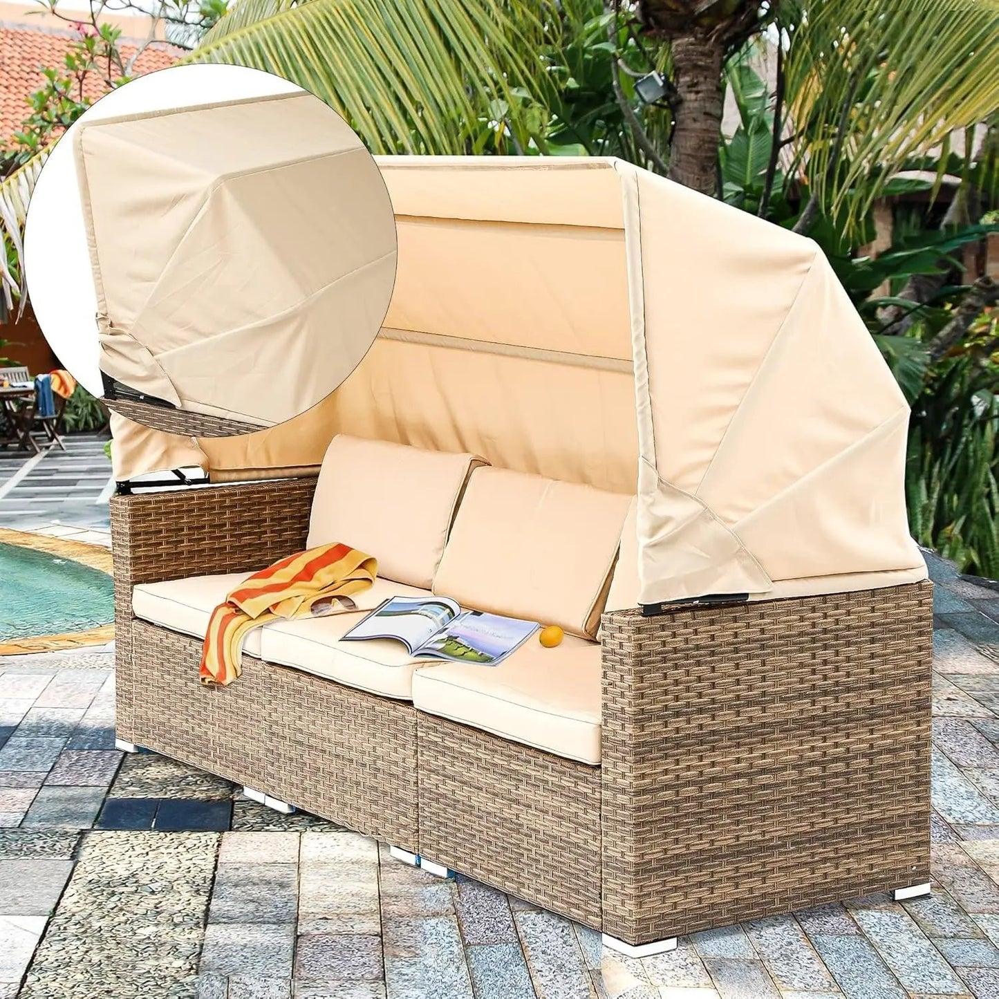 Outdoor Patio Wicker Daybed Set with Canopy Cushions-4