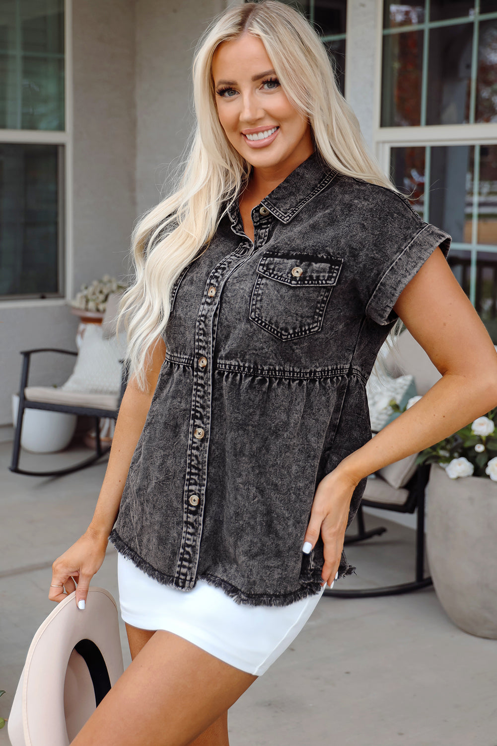 Chaya Flap Pocket Button Up Raw Hem Denim Shirt - Get it from Bo