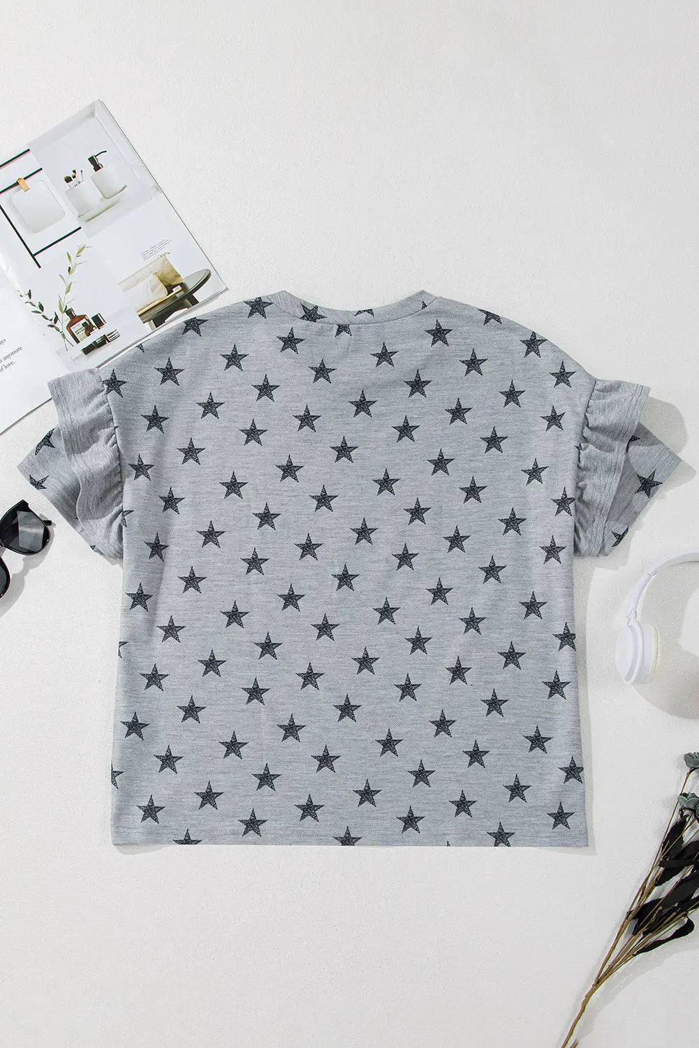 Joelle Star Ruffled Sleeve Crew Neck Top Threaded Pear