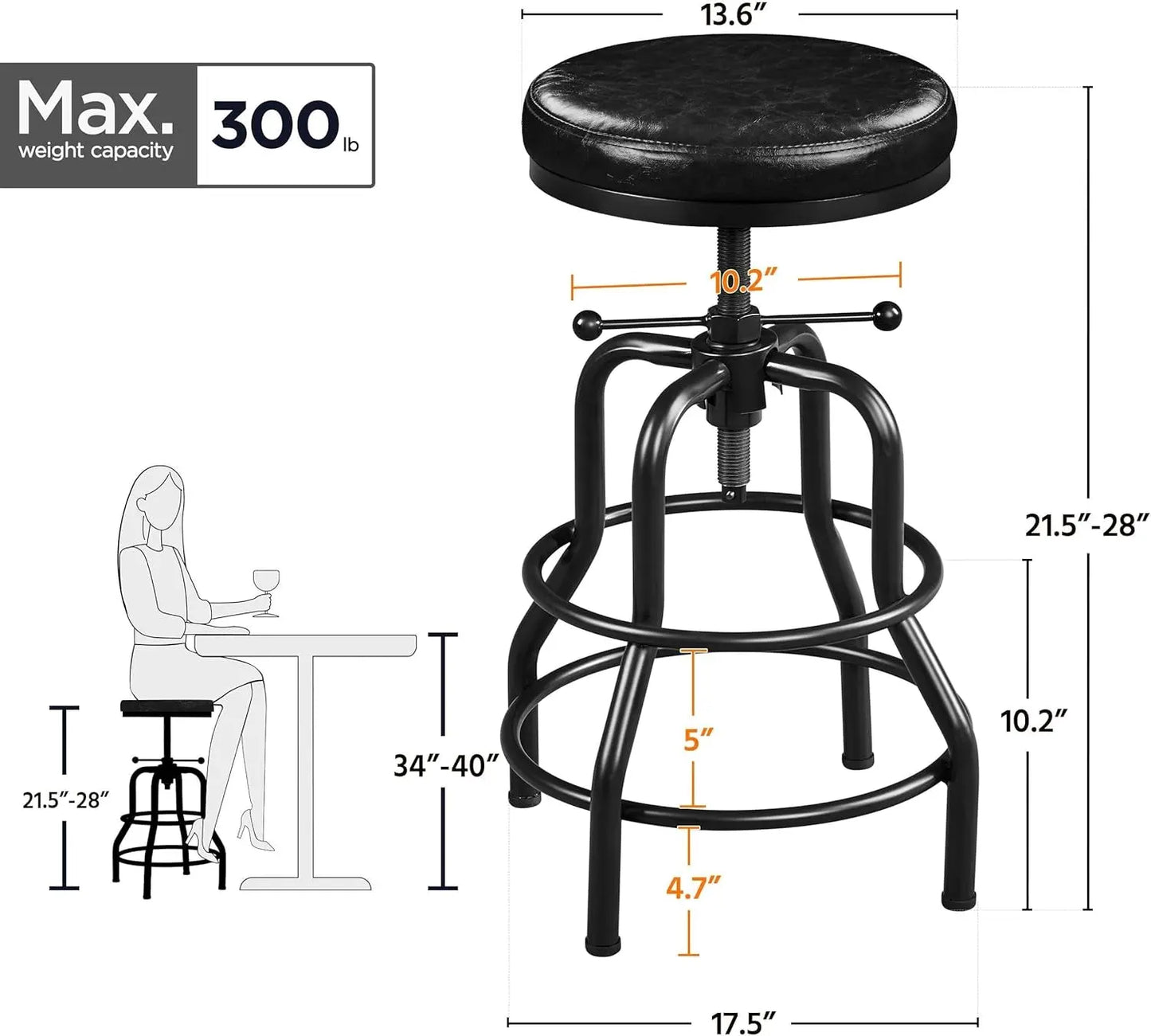 Industrial Bar Stools Vintage Counter Height Bar Stool with round Faux Leather Seat Metal Stool Adjustable Kitchen Stool 21.5-28 Inch Tall Black, 1PCS ShipItFurniture
