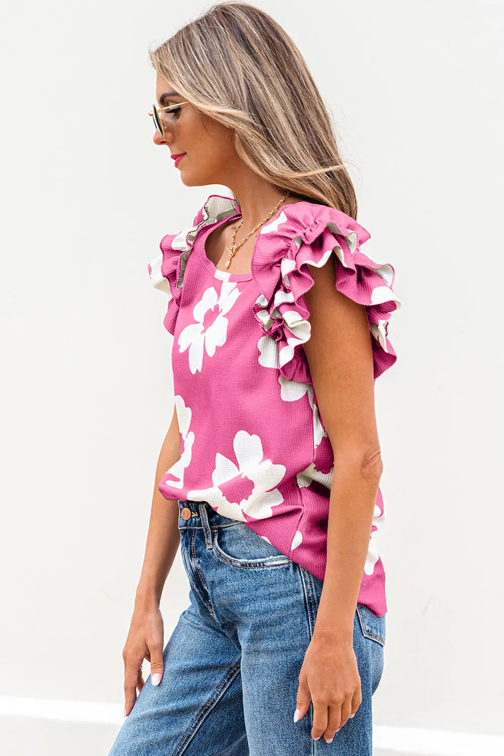 Mazie Floral Ruffled Short Sleeve Blouse Threaded Pear