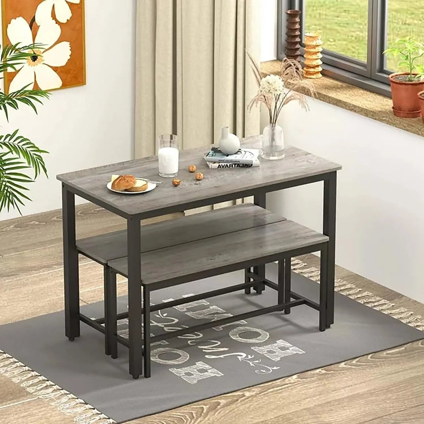 Dining Table Set for 4, Kitchen Room Table Set with 2 Benches, 3-Piece Dining Chairs Set for Breakfast Nook, Grey-4