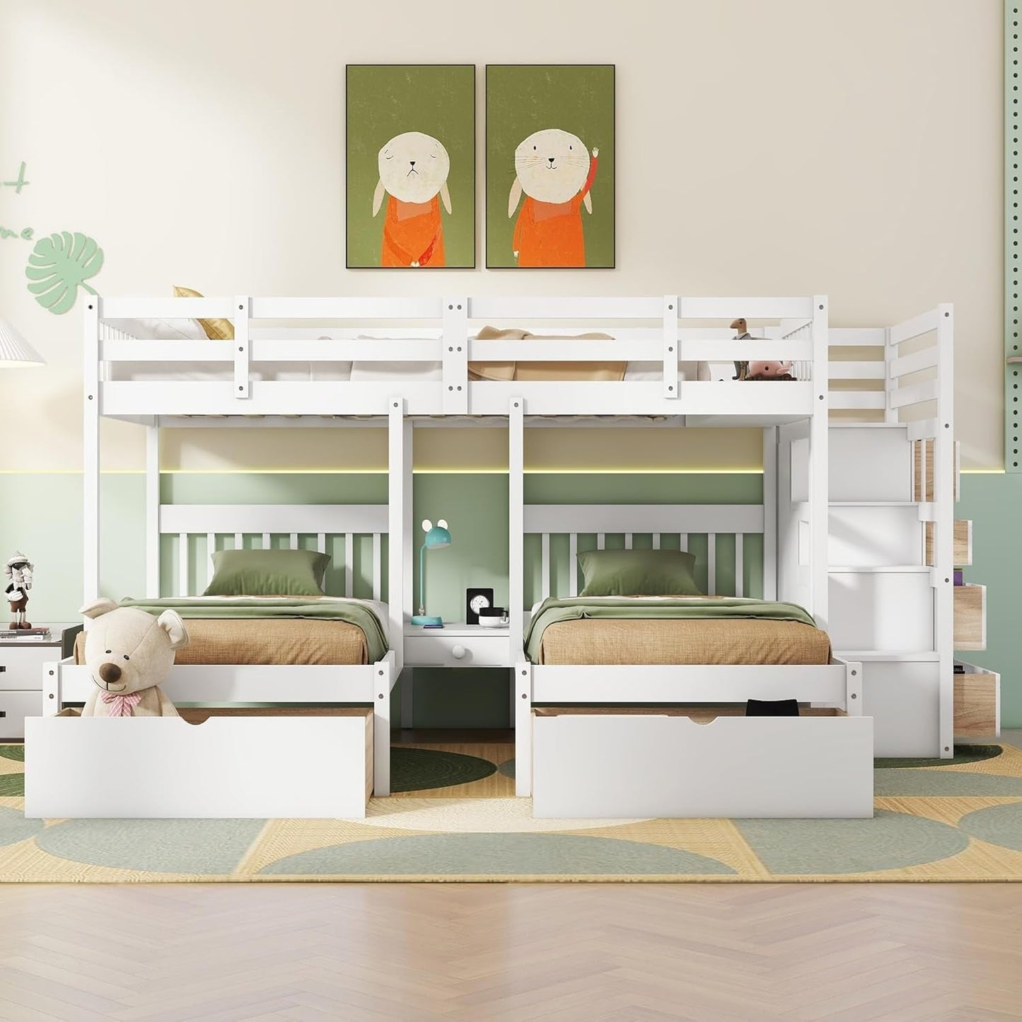 Triple Bunk Beds with Drawers, Wood Full over Twin & Twin Bunk Bed with Storage Staircase, Triple Bed for Kids,3 Bed Bunk Beds with Storage for Girls Boys,White ShipItFurniture