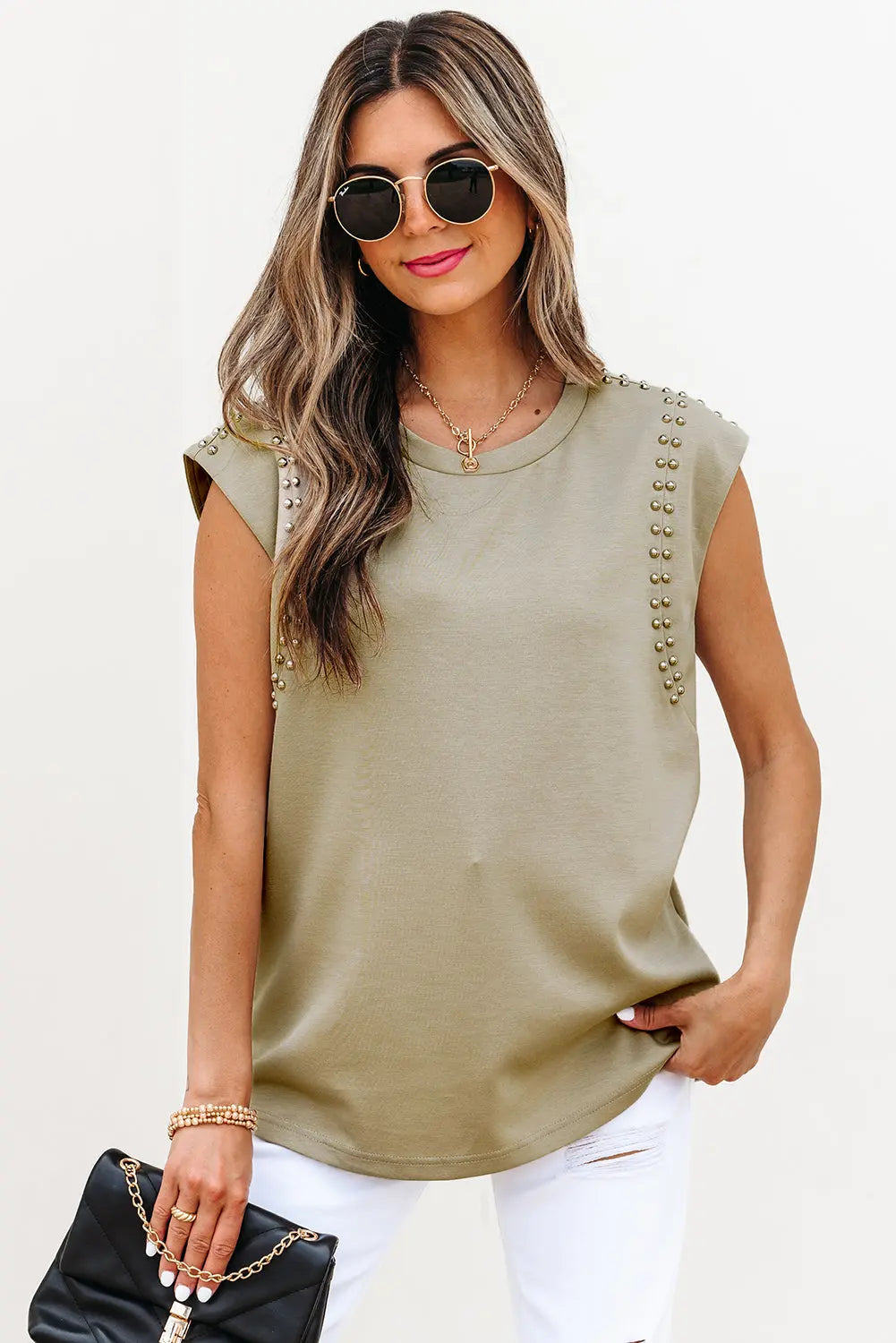 Julietta Studded Cap Sleeve Round Neck Top Threaded Pear