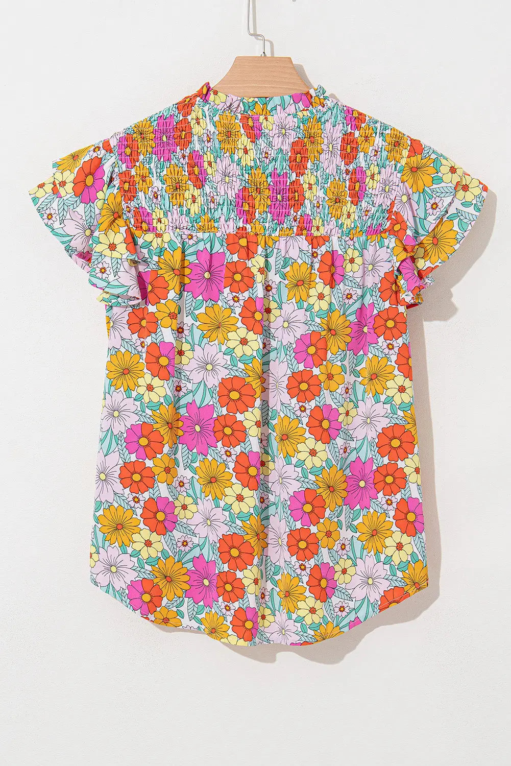 Leslie Floral Shirred Tiered Ruffled Sleeve Blouse Threaded Pear