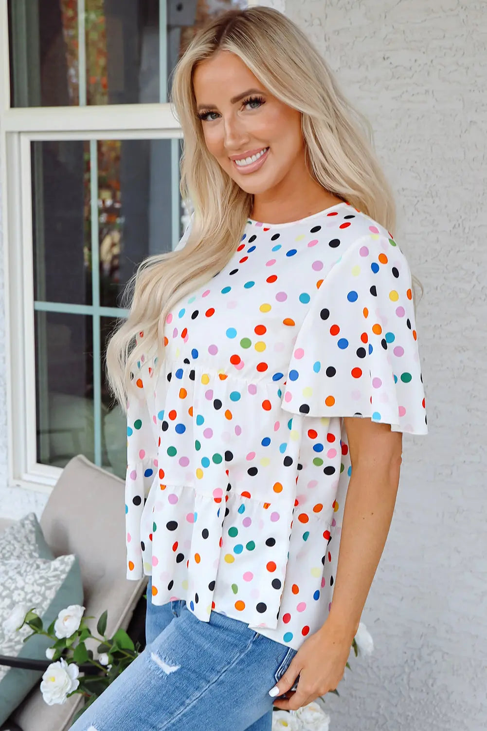 Keira Polka Dot Babydoll Blouse Threaded Pear