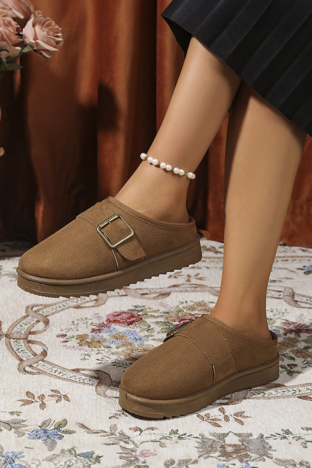 Jasmine Faux Suede Buckle Strap Detail Winter Slippers Threaded Pear