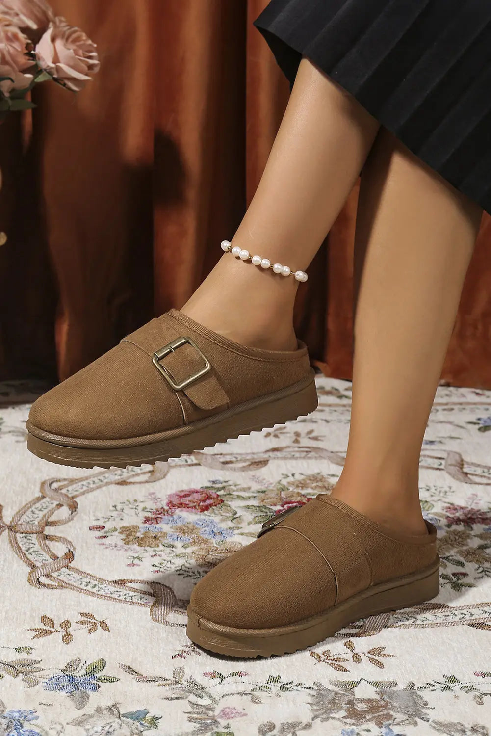 Jasmine Faux Suede Buckle Strap Detail Winter Slippers Threaded Pear