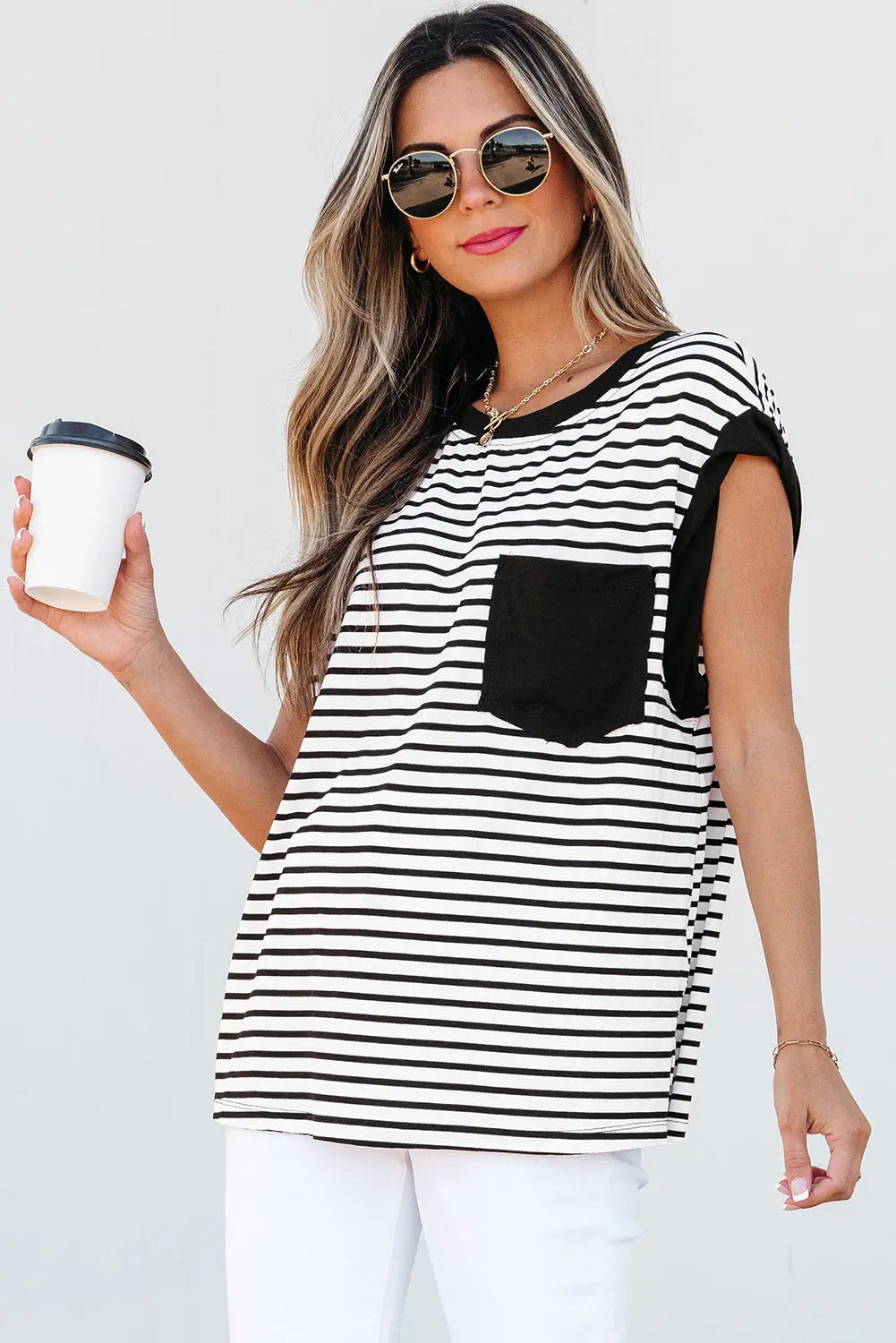 Marie Stripe Chest Pocket Tank Top Threaded Pear