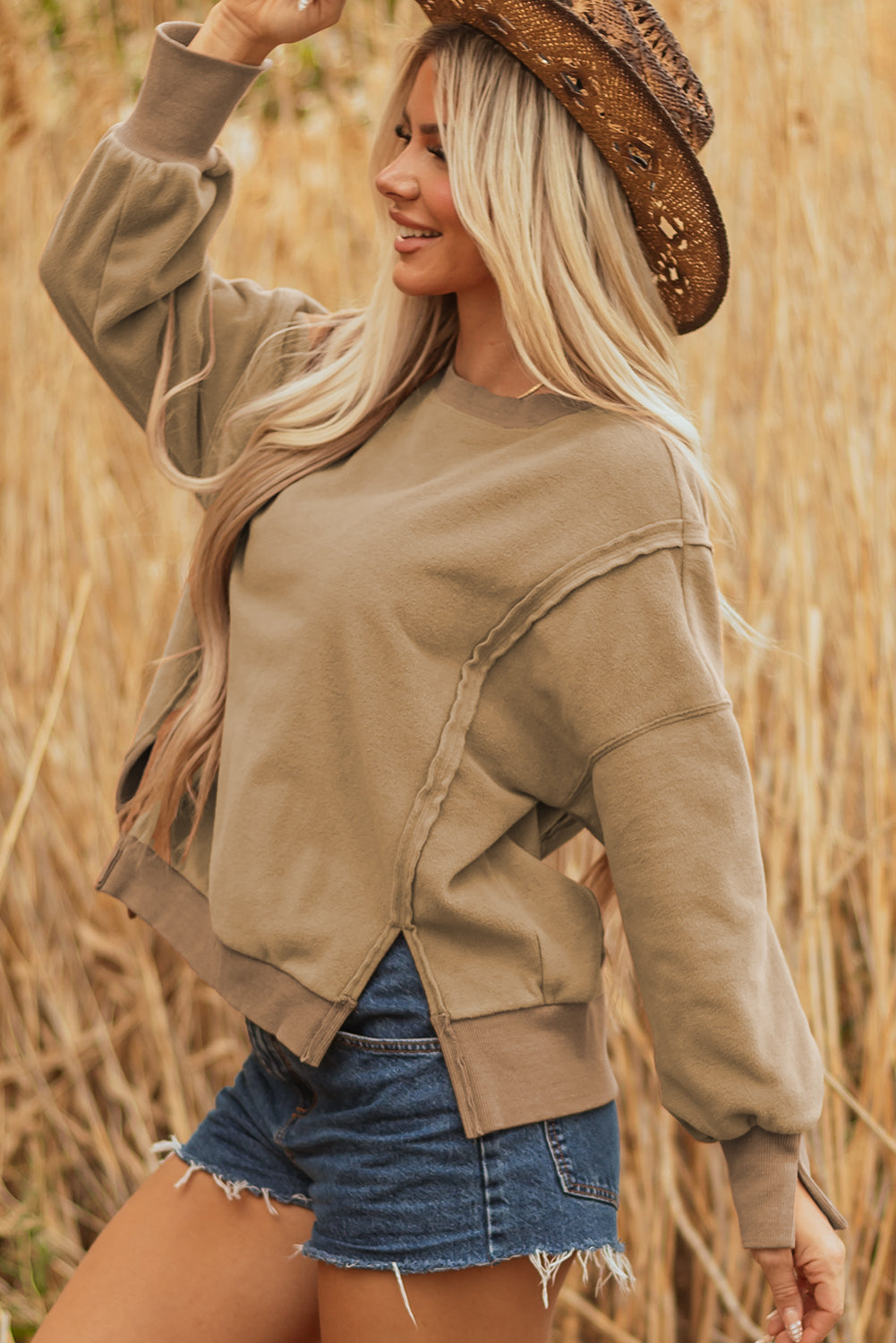 TatumFuzzy Sherpa Splicing Pullover Sweatshirt Threaded Pear