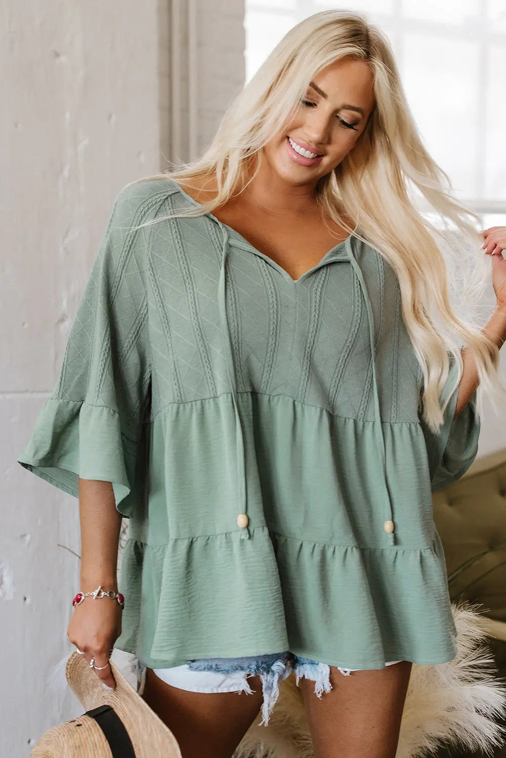 Ensley Tie Split Neck Textured Ruffle Patchwork Blouse Threaded Pear