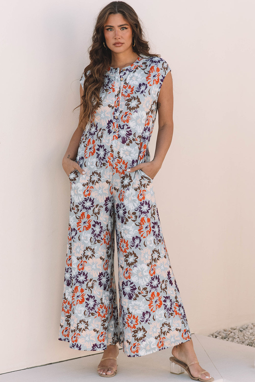 Kylee Floral Sleeveless Buttoned Wide Leg Jumpsuit