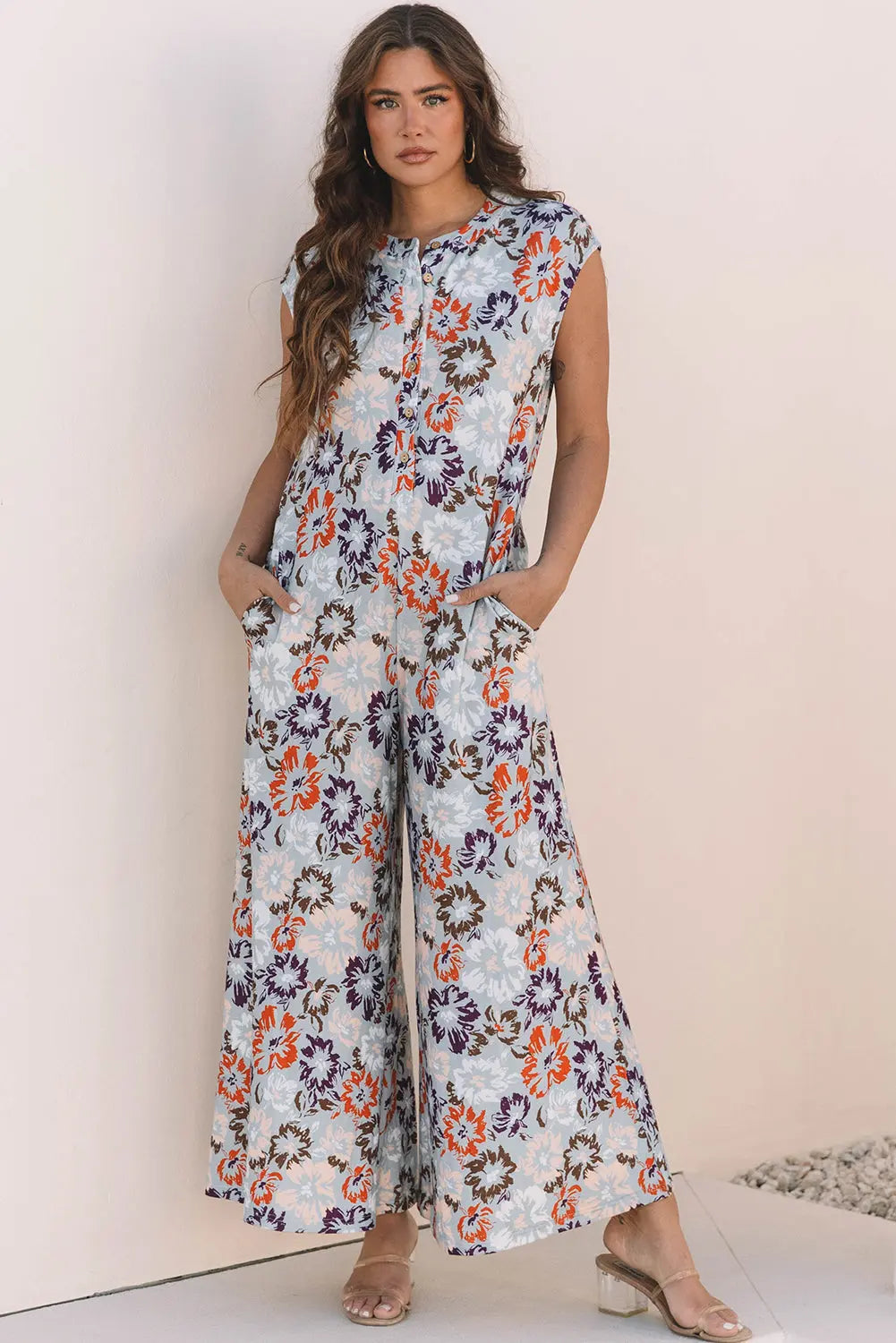 Kylee Floral Sleeveless Buttoned Wide Leg Jumpsuit Threaded Pear