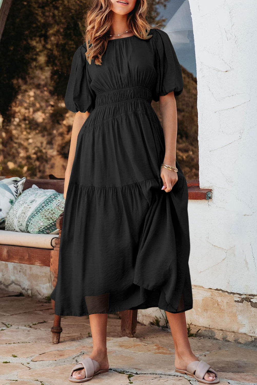 Lara Puff Sleeve Pleated High Waist Midi Dress