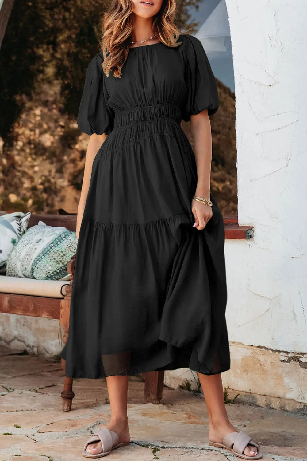 Lara Puff Sleeve Pleated High Waist Midi Dress Threaded Pear