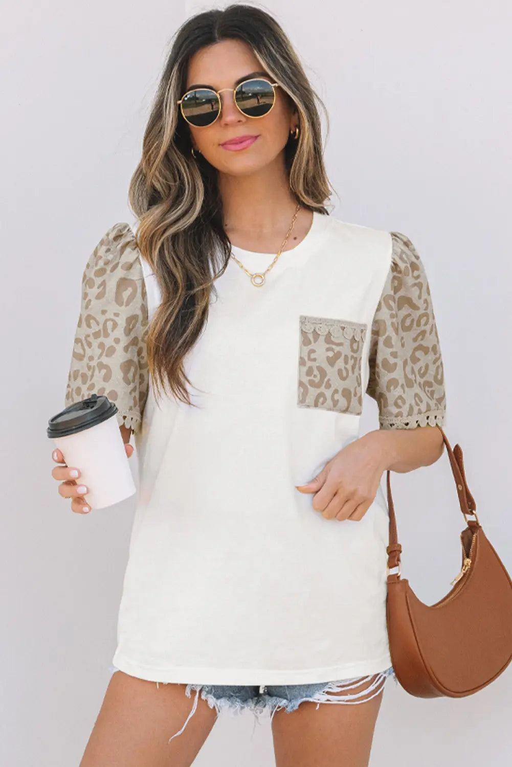 Leona Leopard Lace Trim Puff Sleeve Top Threaded Pear