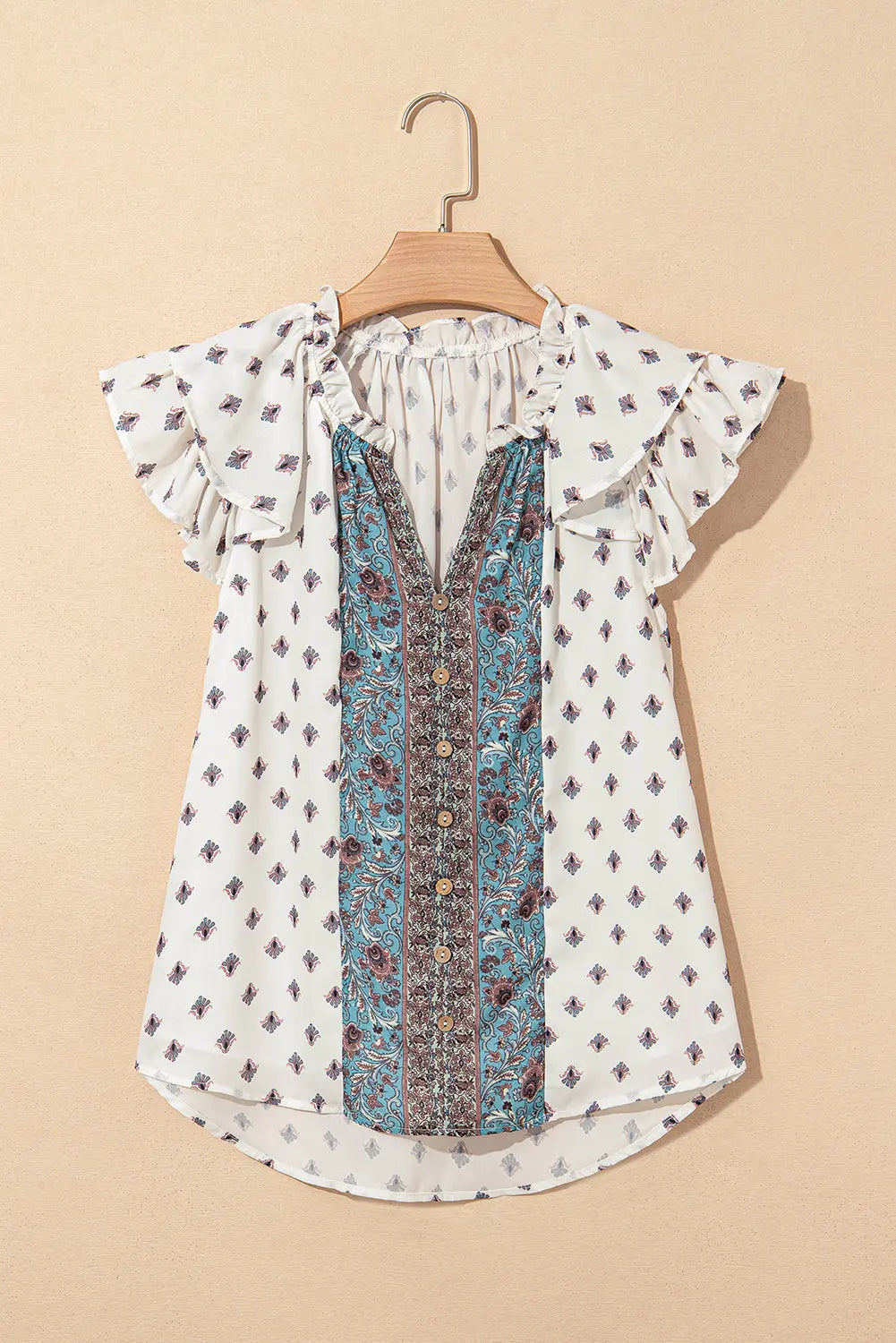 Aria Boho Pattern Ruffled Sleeve V Neck Buttoned Blouse Threaded Pear
