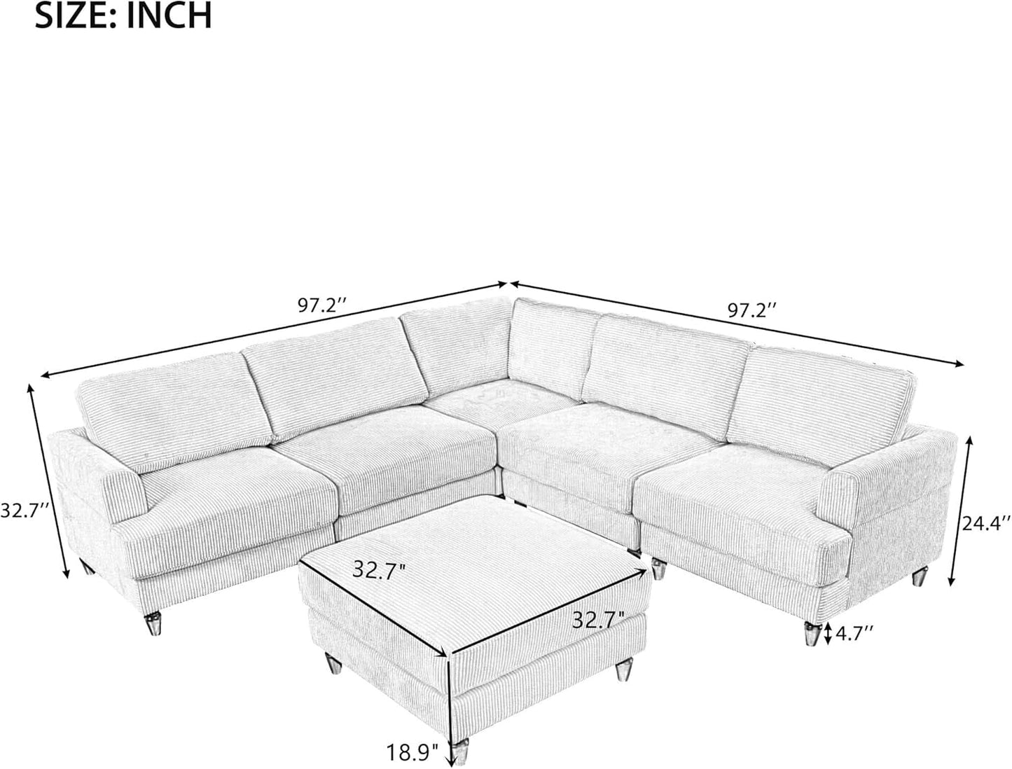 L Shaped Beige Corduroy Sectional Sofa With Ottoman ShipItFurniture