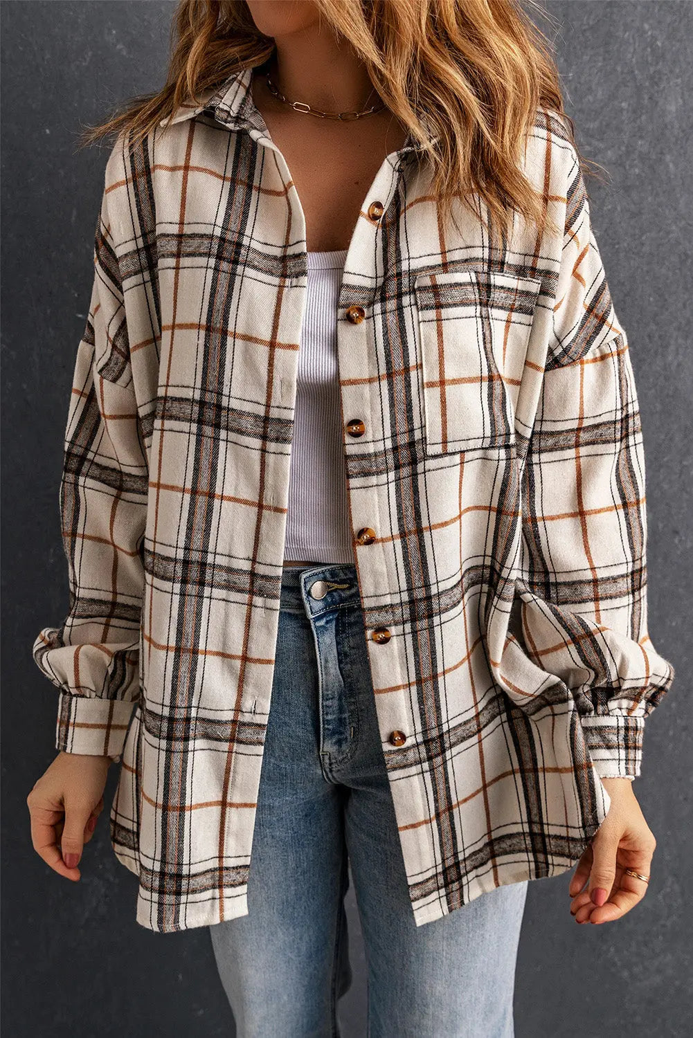 Khloe Oversized Plaid Pattern Shacket Threaded Pear