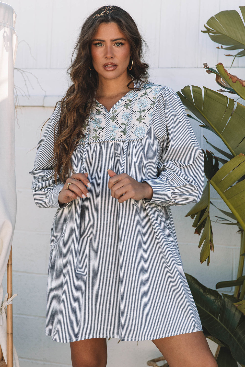 Aila Stripe Floral Patchwork Tied Mini Dress