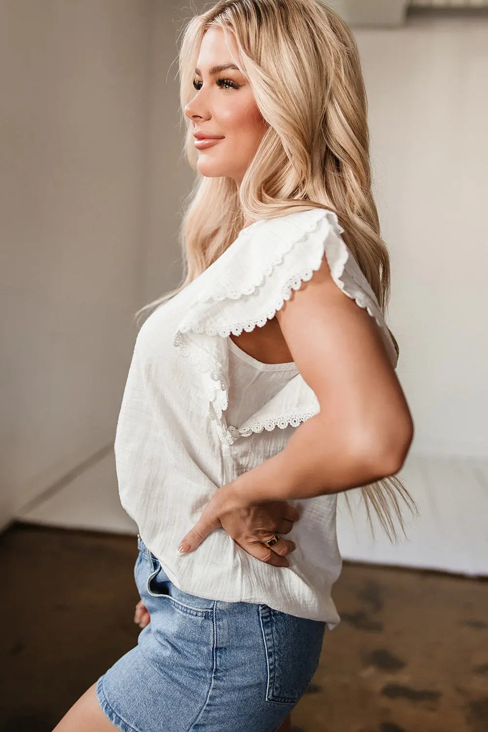 Soraya Crinkled Layered Ruffled Flutter Sleeve Blouse Threaded Pear