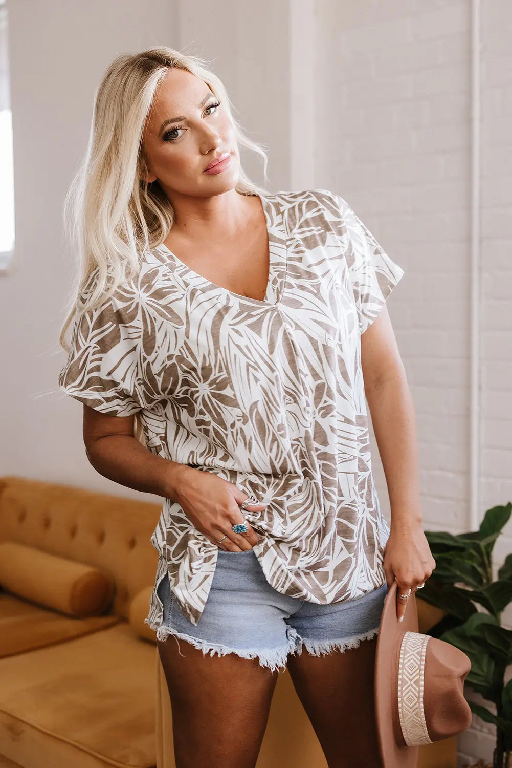 Karter Floral V Neck Short Sleeve Loose Fit Blouse Threaded Pear