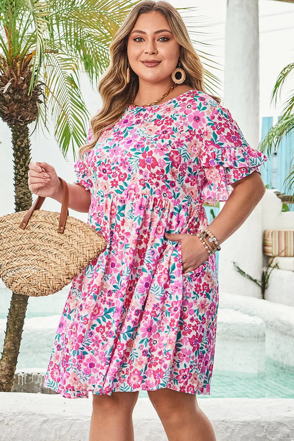 Talia Plus Size Floral Short Sleeve Flare Dress Threaded Pear
