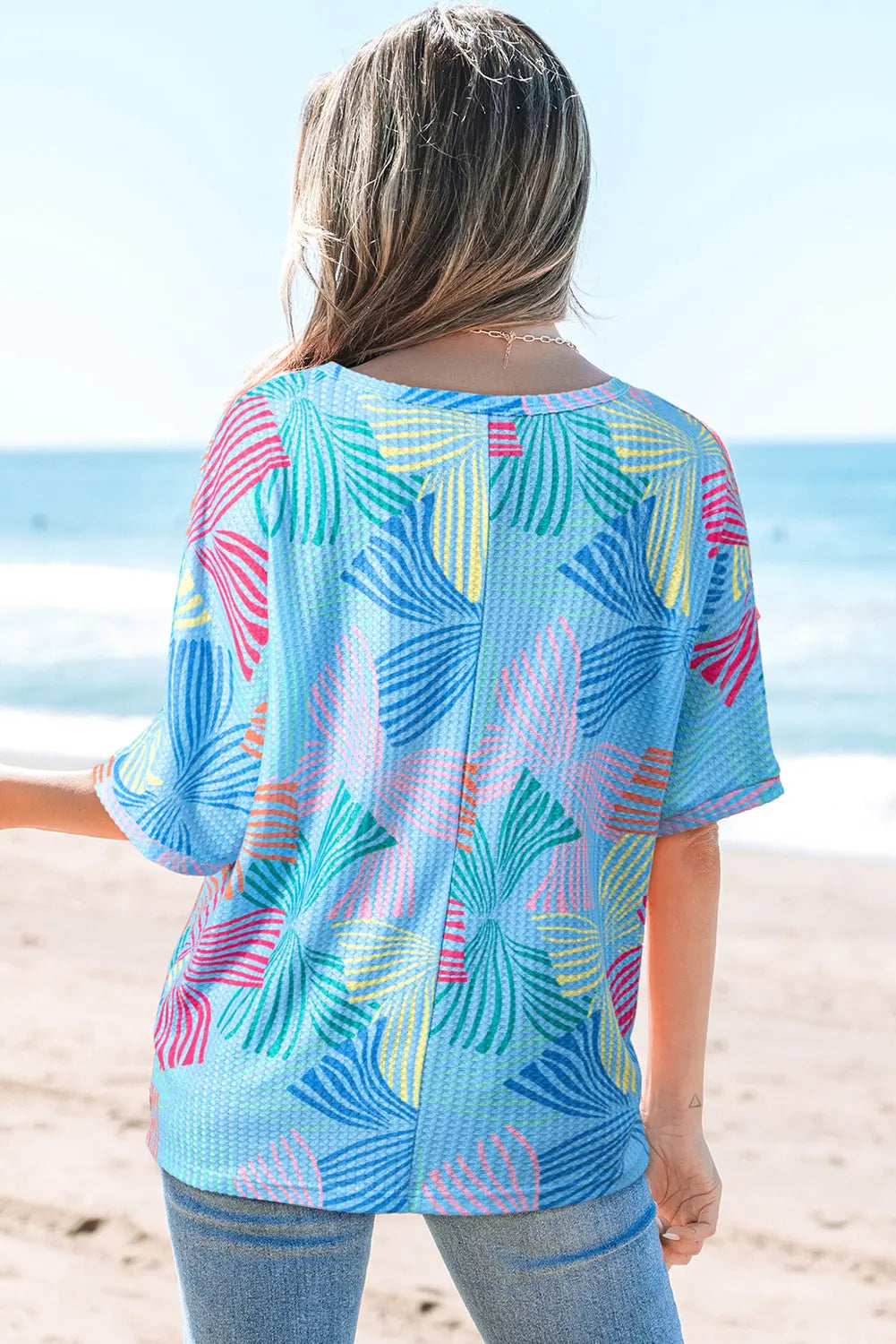 Lilyana Bowknot Waffle Crewneck Loose Short Sleeve Top Threaded Pear