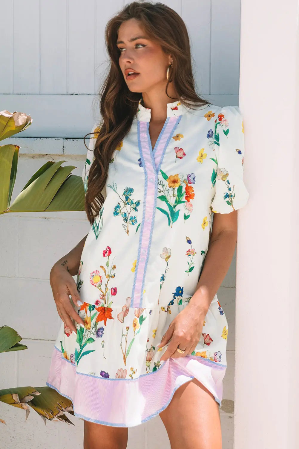 Harlee Floral Short Puff Sleeve Dress Threaded Pear