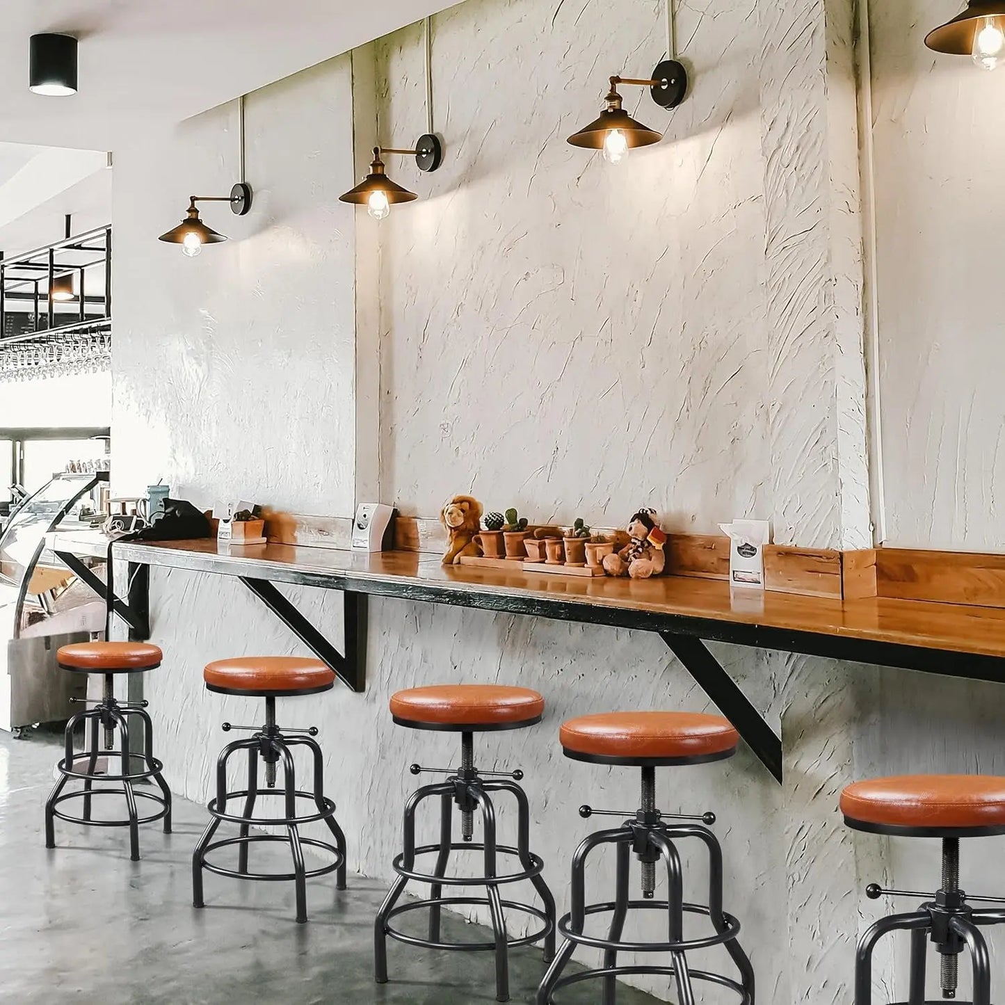 Industrial Bar Stools Vintage Counter Height Bar Stool with round Faux Leather Seat Metal Stool Adjustable Kitchen Stool 21.5-28 Inch Tall Light Brown, 1PCS ShipItFurniture