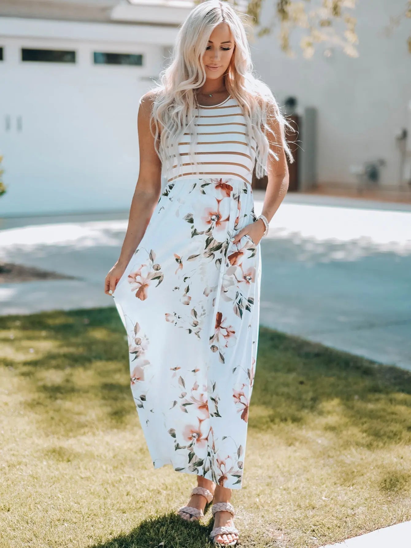 Zora Striped Floral Sleeveless Maxi Dress with Pocket Threaded Pear