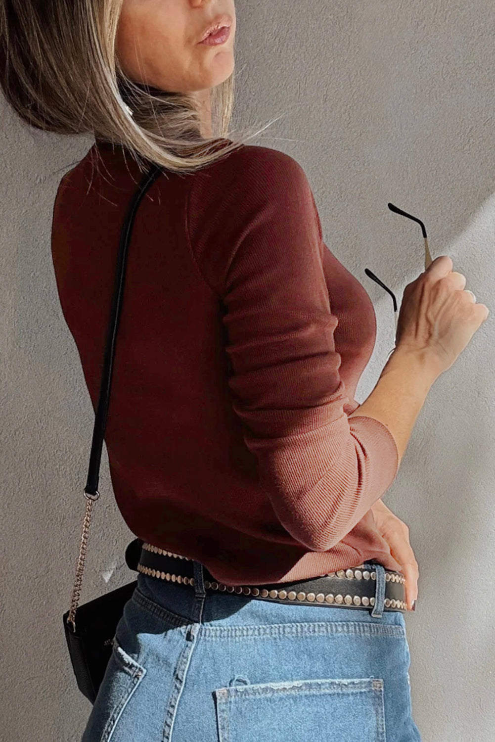 Cora Square Neck Ribbed Fit Long Sleeve Top Threaded Pear