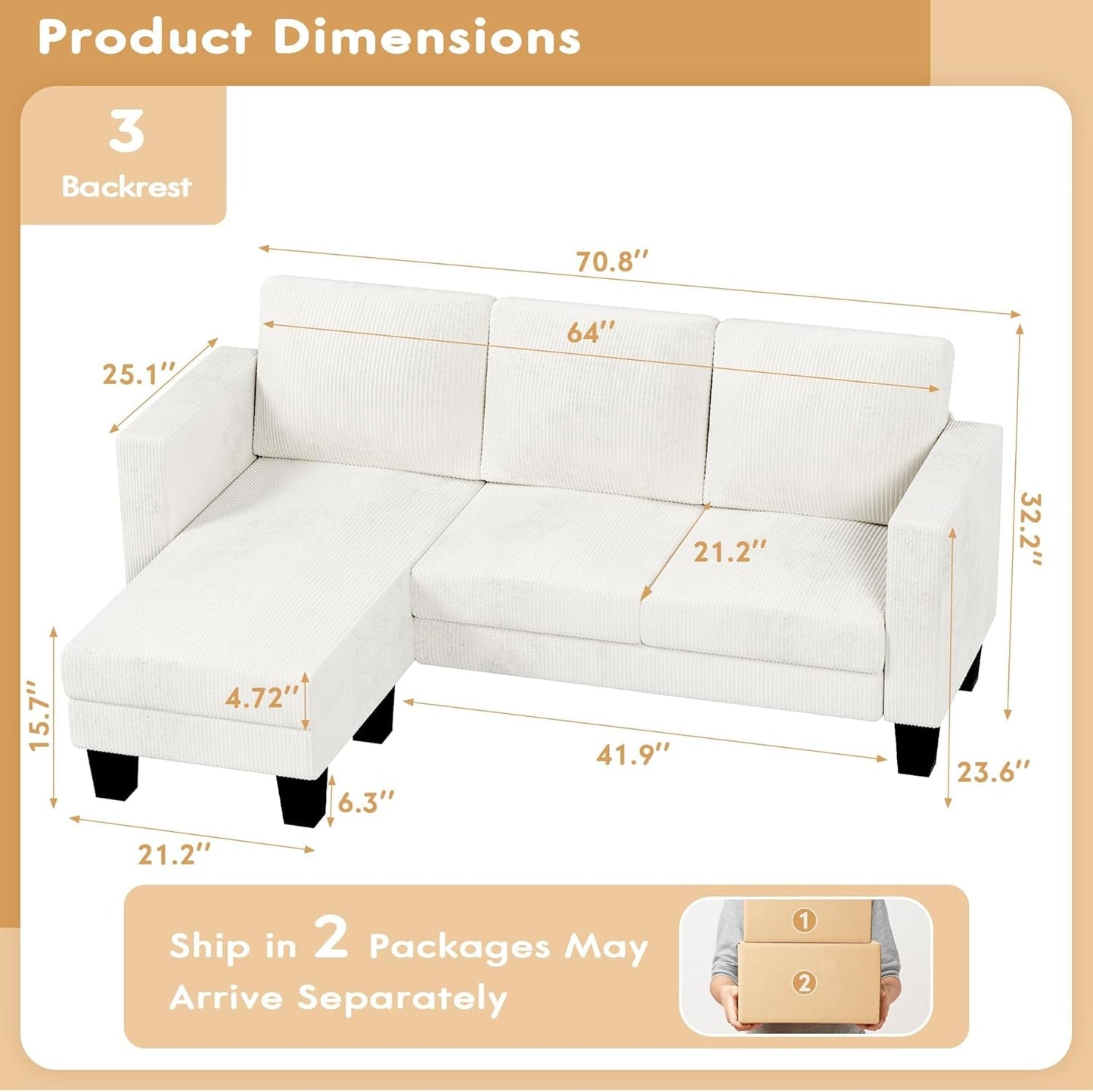 Cream Corduroy Convertible Sectional Sofa 3 Seat Couch ShipItFurniture