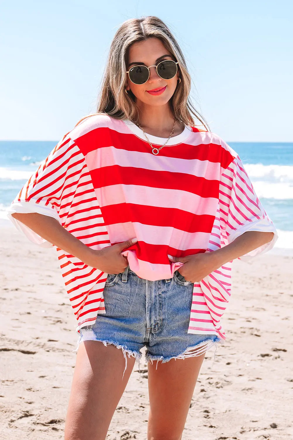 Sloan Stripe Side Split Loose Top Threaded Pear