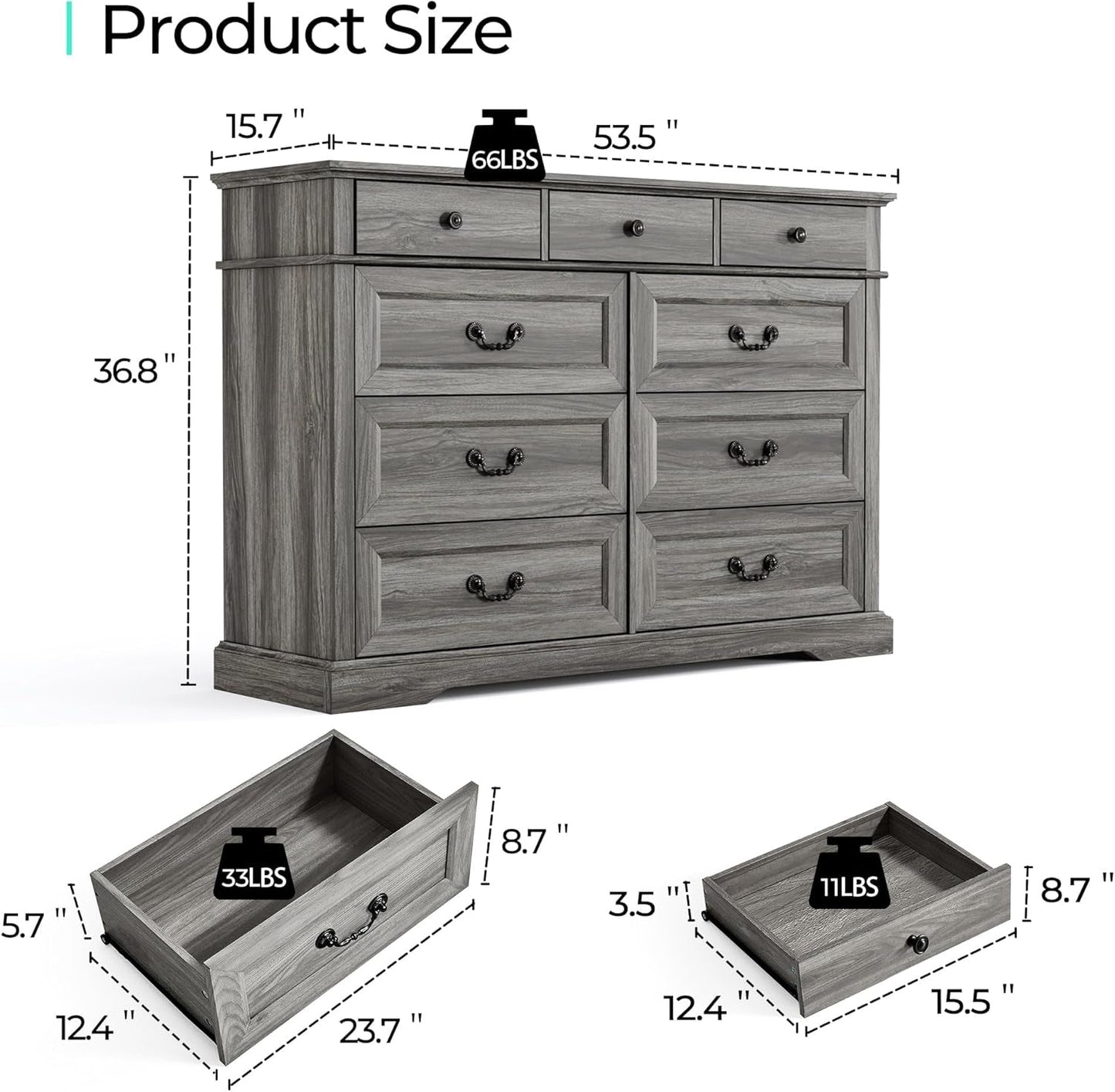 Grey 9-Drawer SolidWood Dresser For Bedroom Storage ShipItFurniture