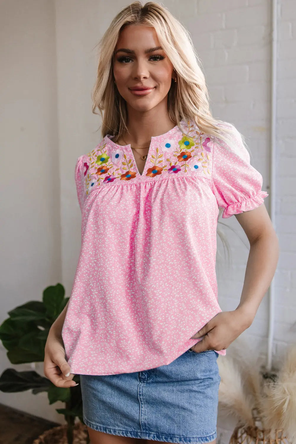 Hadlee Floral Embroidered V Neck Blouse Threaded Pear