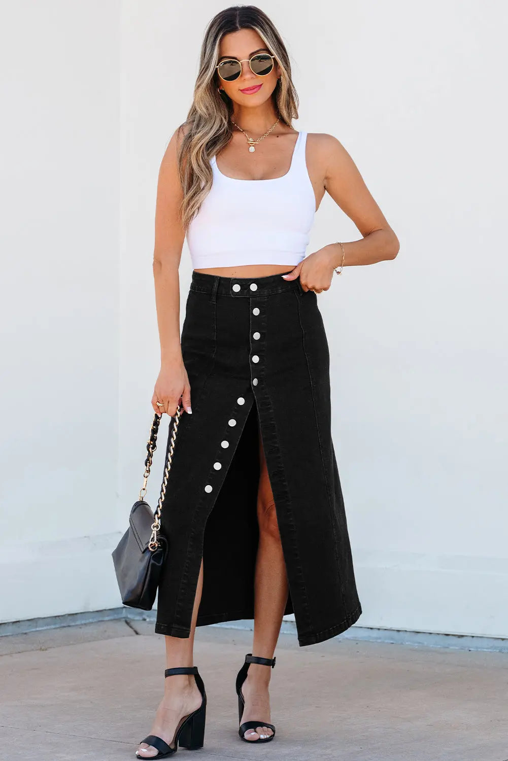 Emberlynn Button Fly Side Split High Waist Denim Midi Skirt Threaded Pear