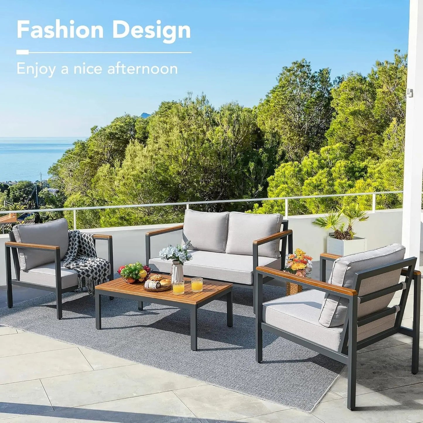 4 Pieces Patio Furniture Sets Outdoor Conversation Set Acacia Wood Sofa Set with Coffee Table Thicker Sponge Cushion-4