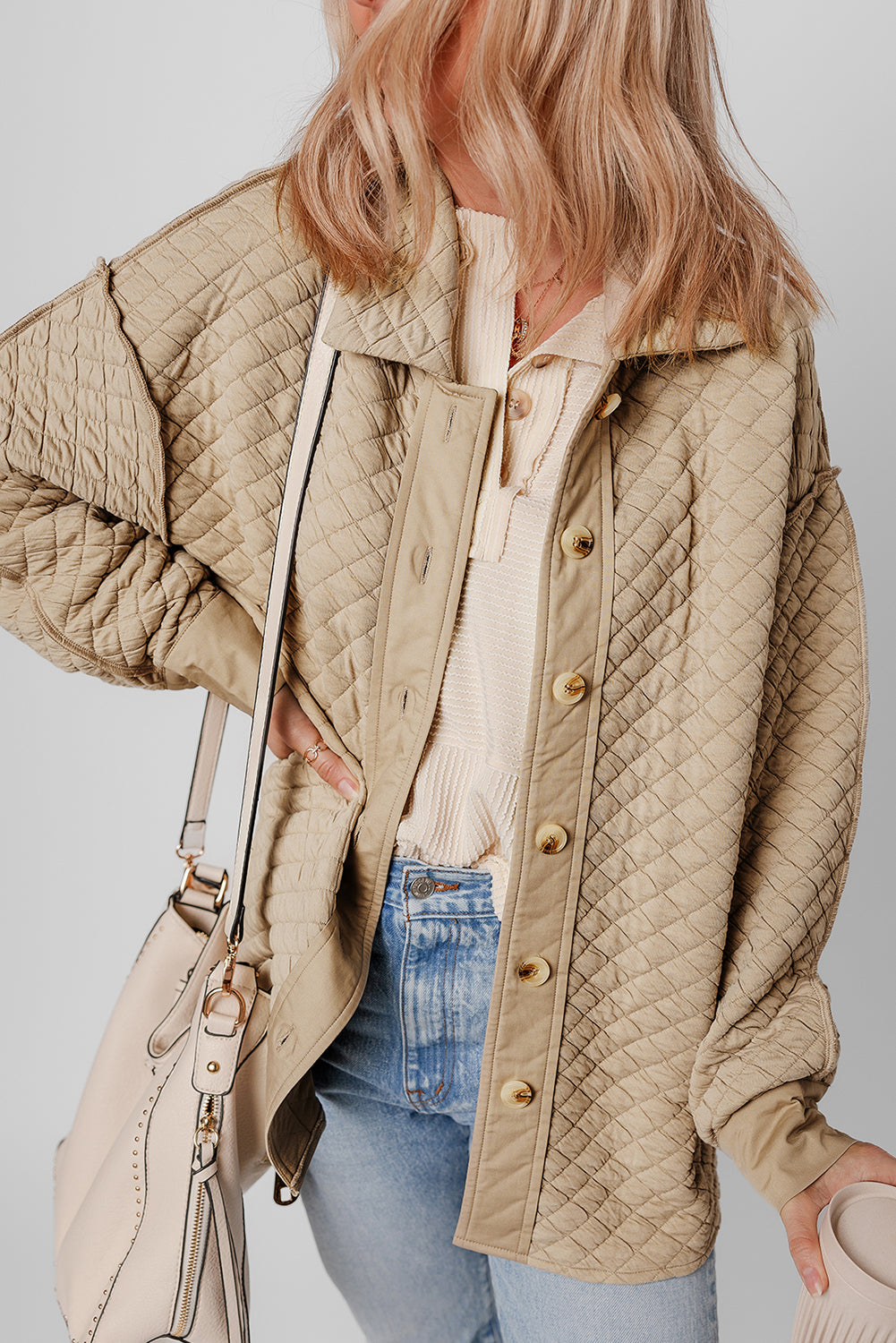 Celeste Quilted Puffer Buttoned Shacket Threaded Pear